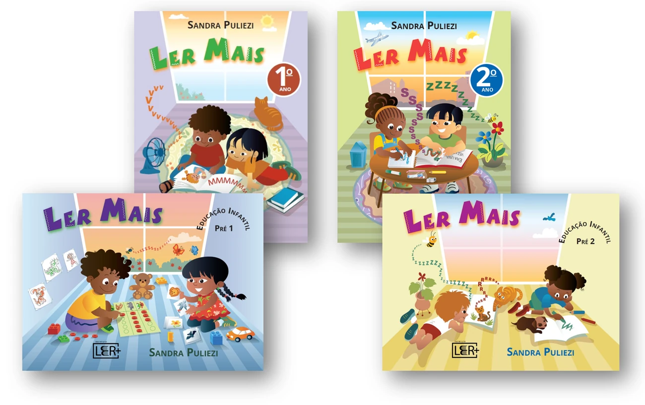 Os quatro livros da Coleção Ler Mais: Pré 1, Pré 2, 1º ano e 2º ano