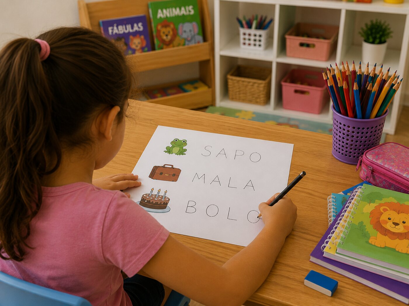 Criança escrevendo as palavras sapo, mala e bolo em uma folha, com lápis de cor e livros sobre a mesa