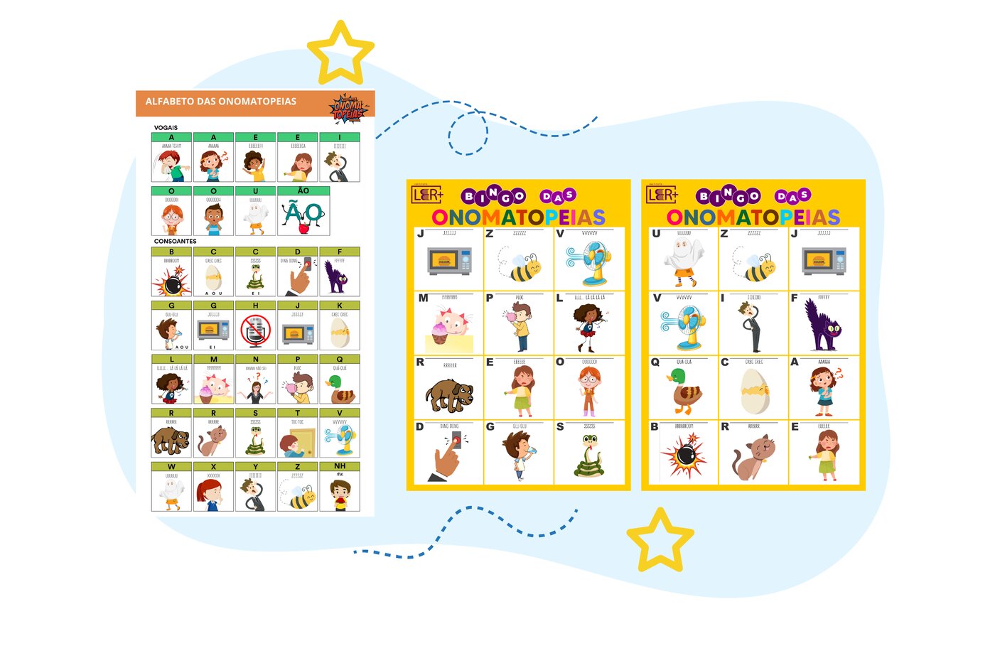 Alfabeto e cartelas de bingo das onomatopeias