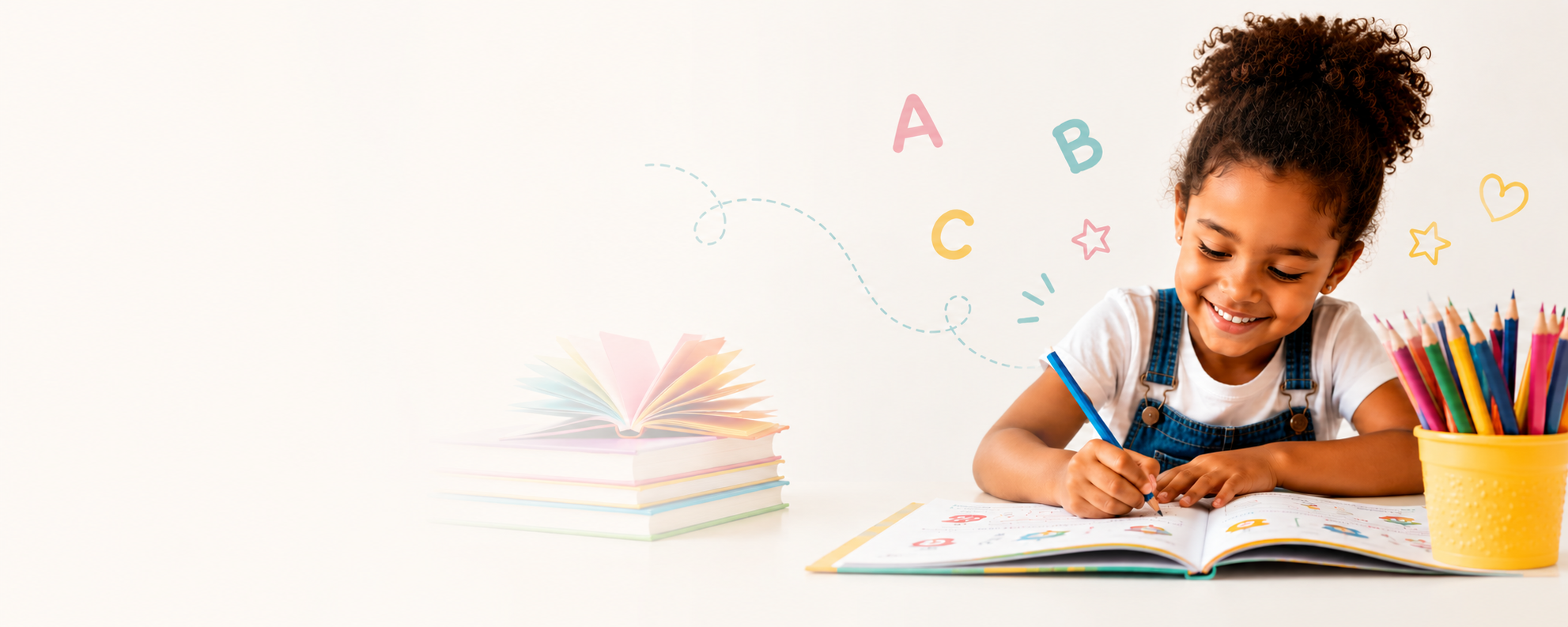 Criança escrevendo em um livro de atividades, cercada por letras e lápis coloridos