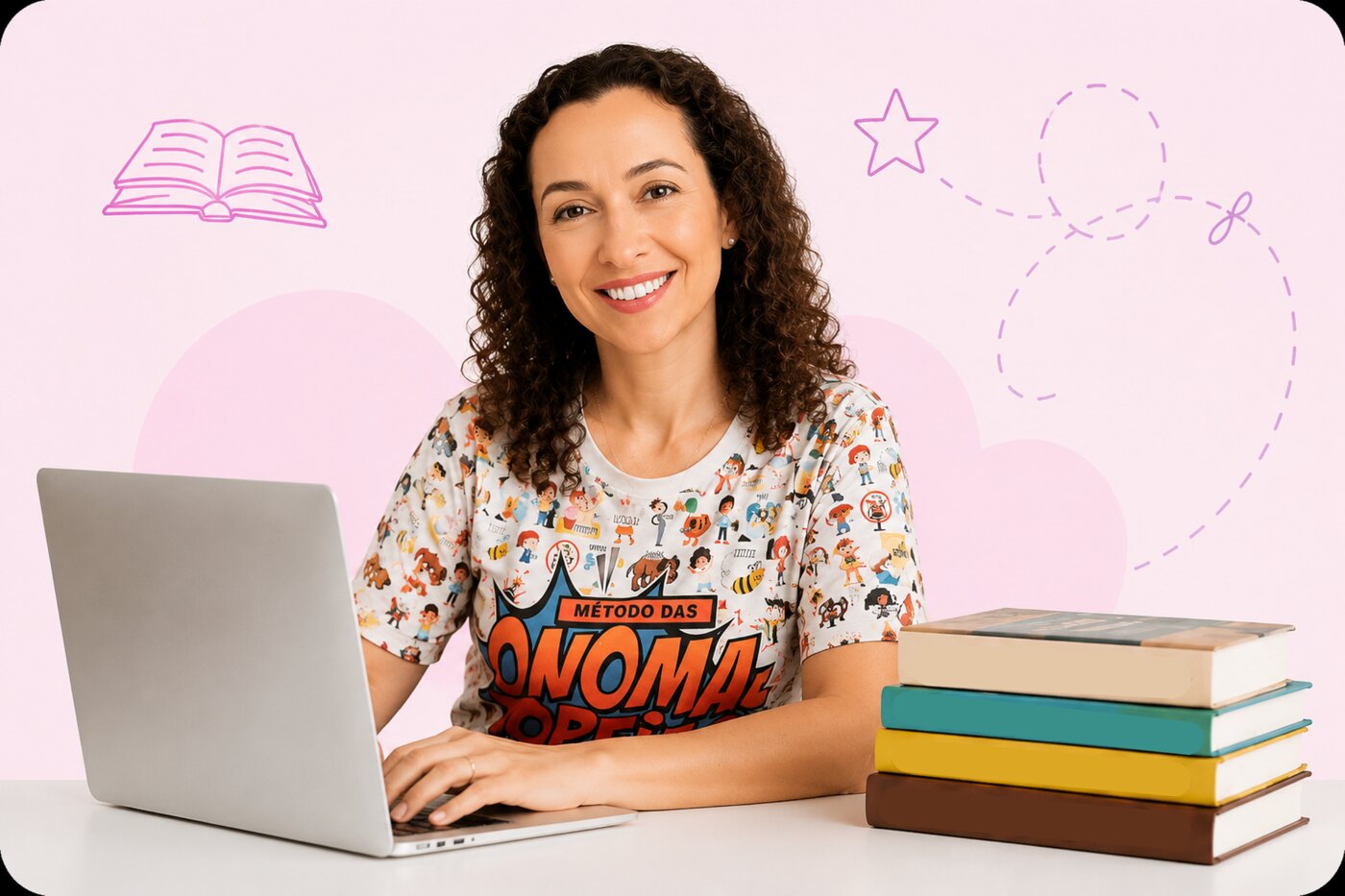 Professora Sandra Puliezi ao computador com livros ao lado