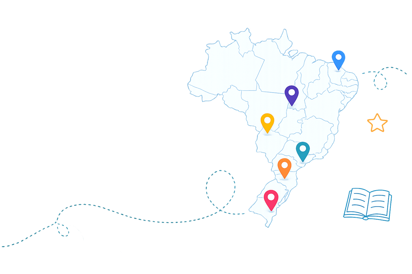 Mapa do Brasil com marcadores nos municípios atendidos