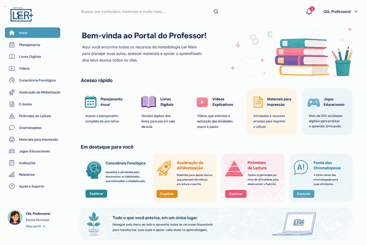 Tela inicial do Portal do Professor, com menu de recursos e atalhos para planejamento, livros digitais, vídeos, materiais para impressão e jogos